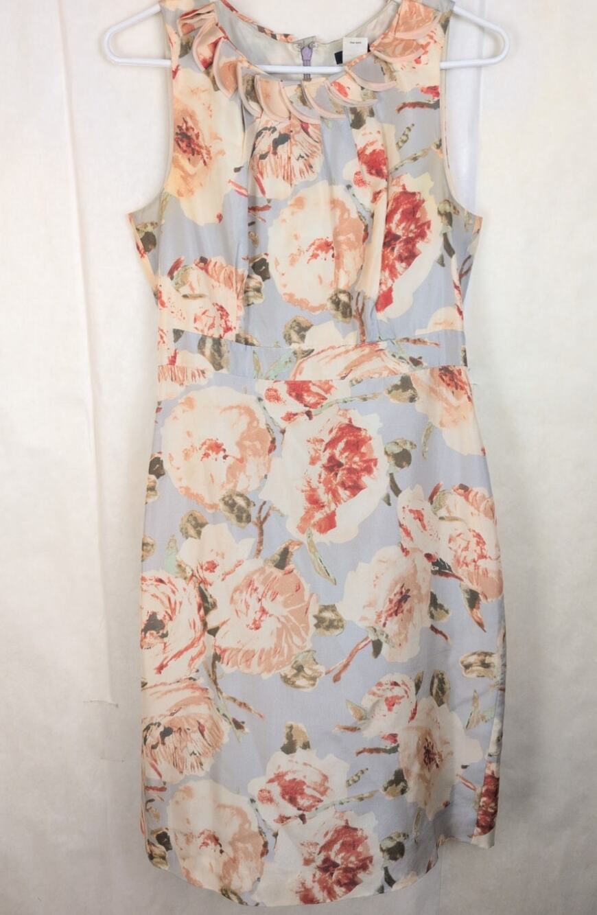 J Crew silk pink floral ruffled sheath dress Size 2 Romantic Feminine Luxe Boho